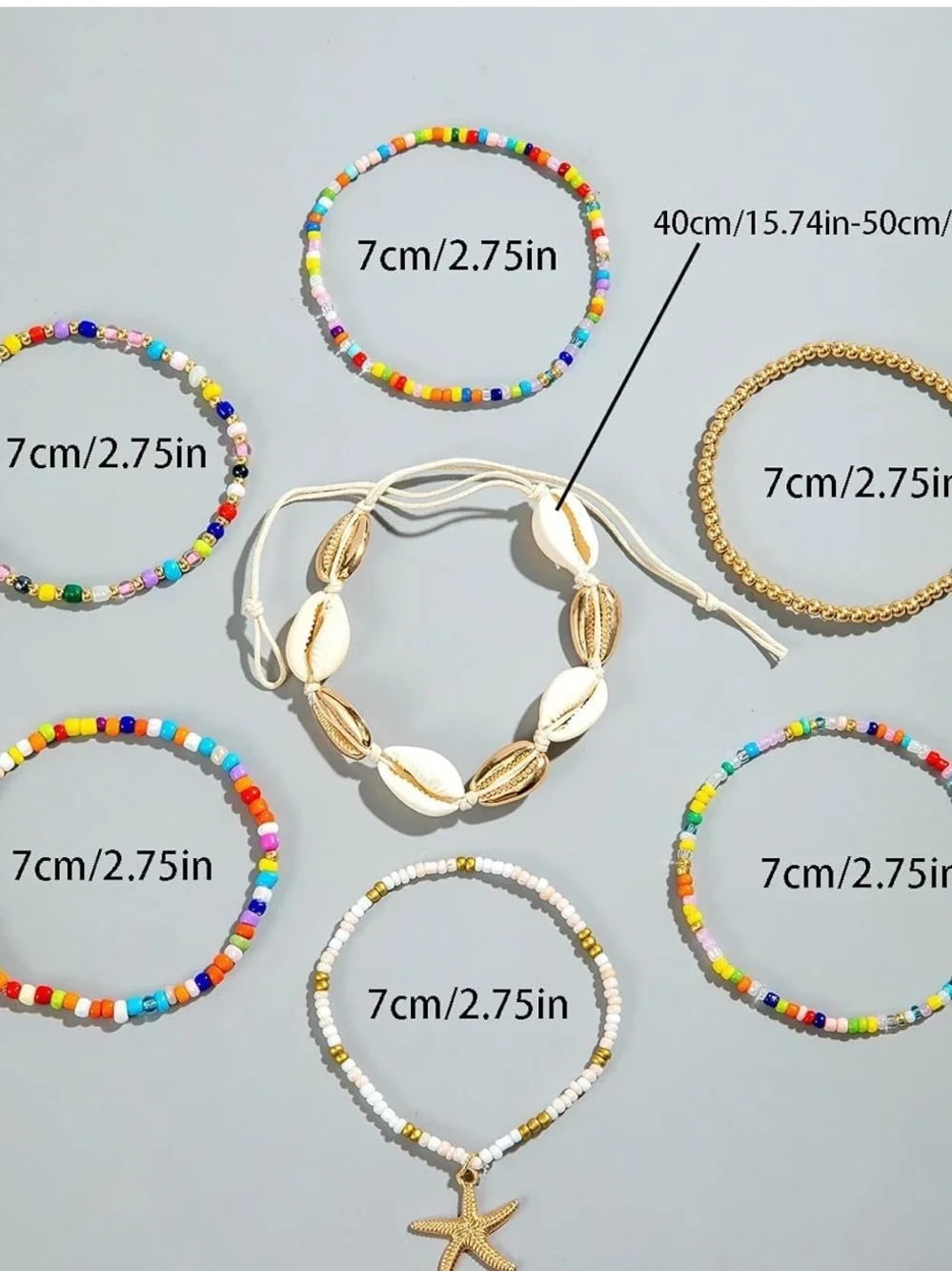 Anthropologie Gold Starfish & Multicolor Beaded Shell Bracelet Stack